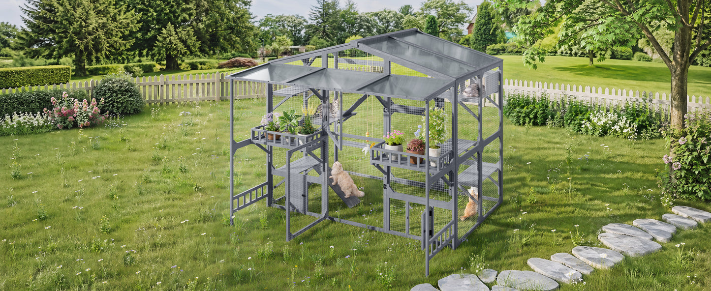 Outdoor Cat Enclosure with 6 Platforms Climbing Ramp & Resting Box for Multiple Cats - Grey