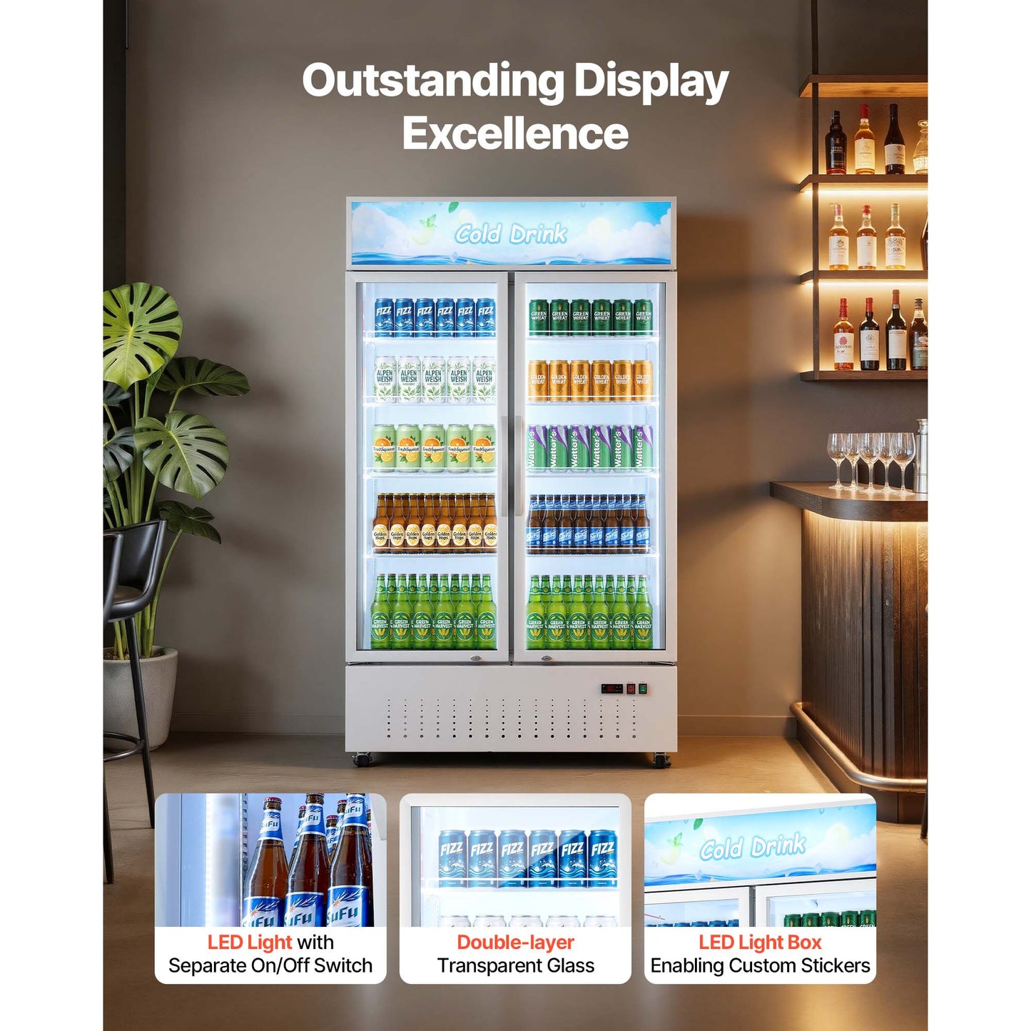 Commercial Refrigeration Display Cooler with Glass Doors & Adjustable Shelves
