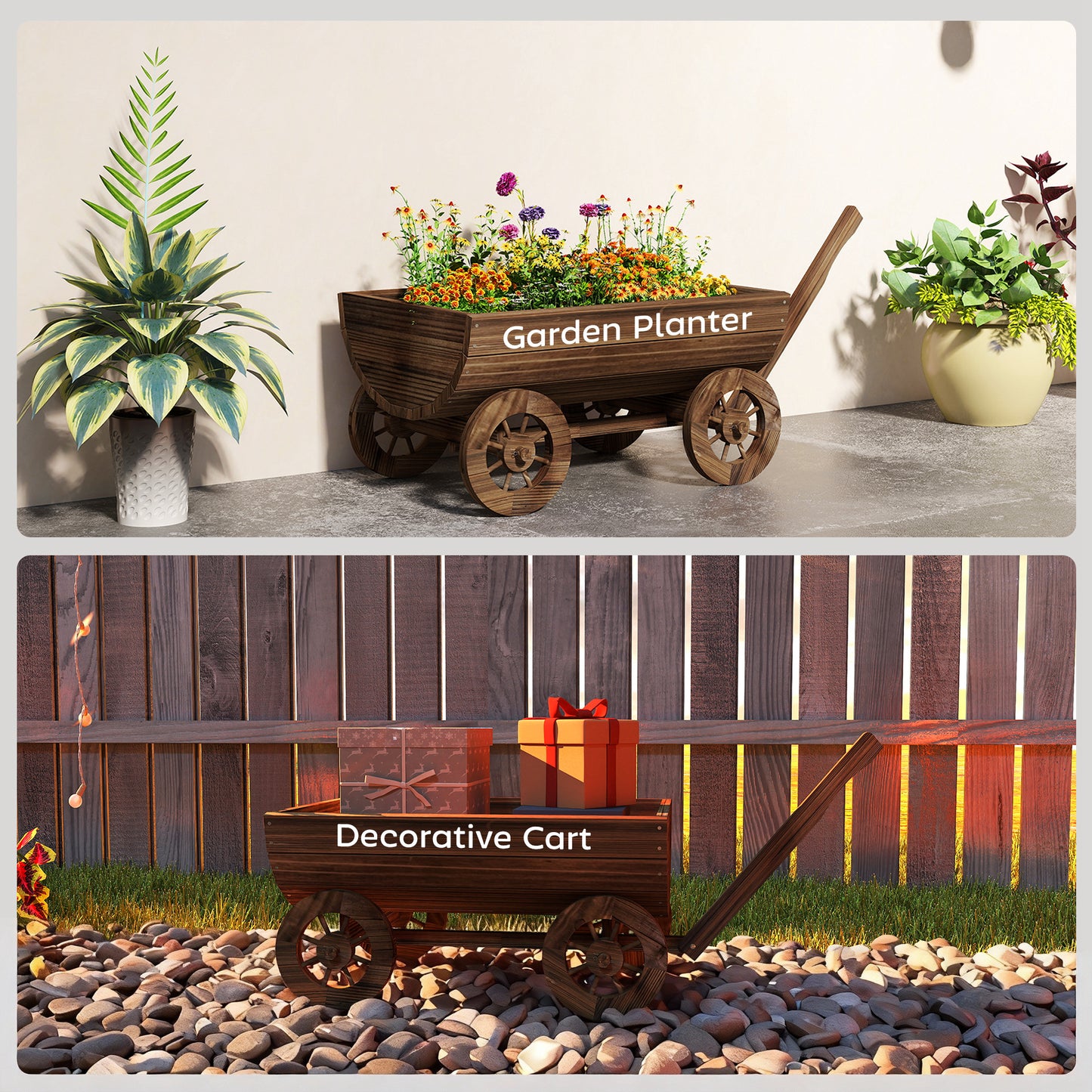 Wooden Wagon Planter Box with Wheels - Rustic Garden Flower Cart, Drainage Hole, Small Size