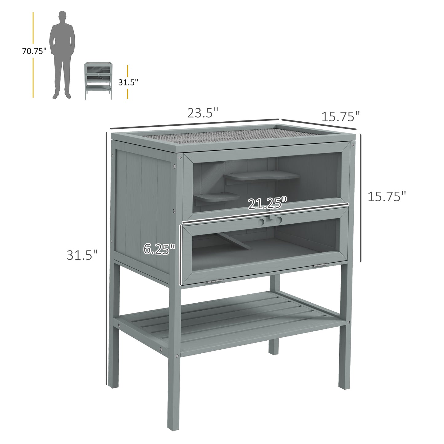 3-Tier Wooden Hamster Cage with Openable Top and Storage Shelf - Gray, 830x450x185mm