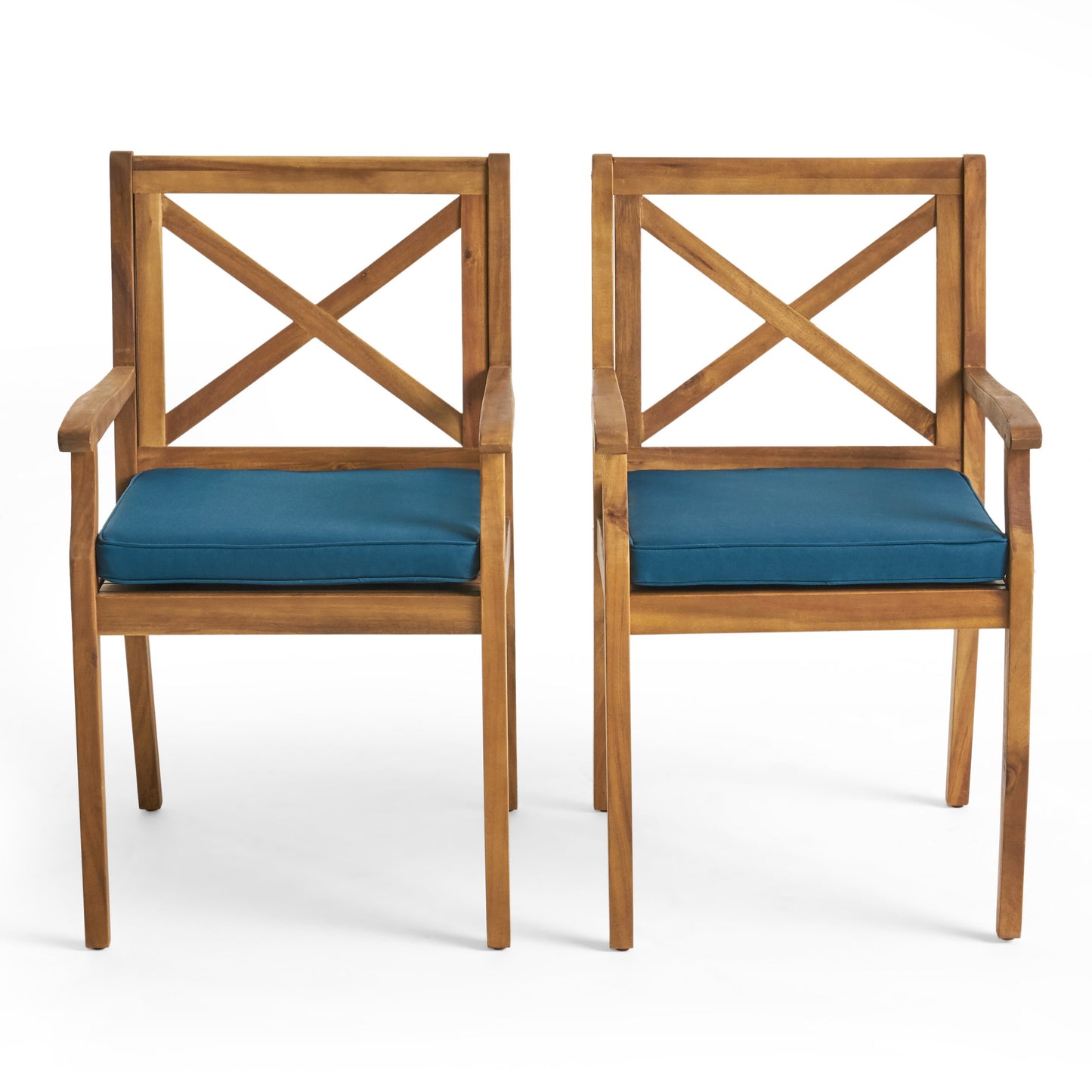 Outdoor Dining Chairs Set of 2 with Blue Cushions - Acacia Wood