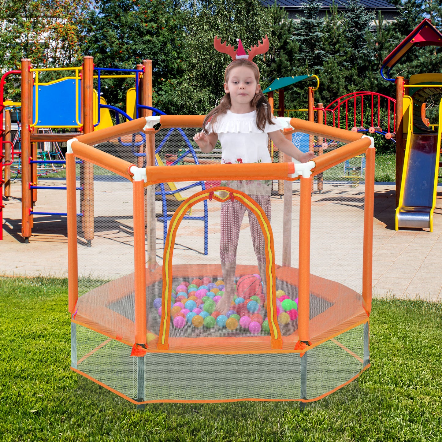 55 Toddlers Trampoline With Safety Enclosure Net And Balls, Indoor