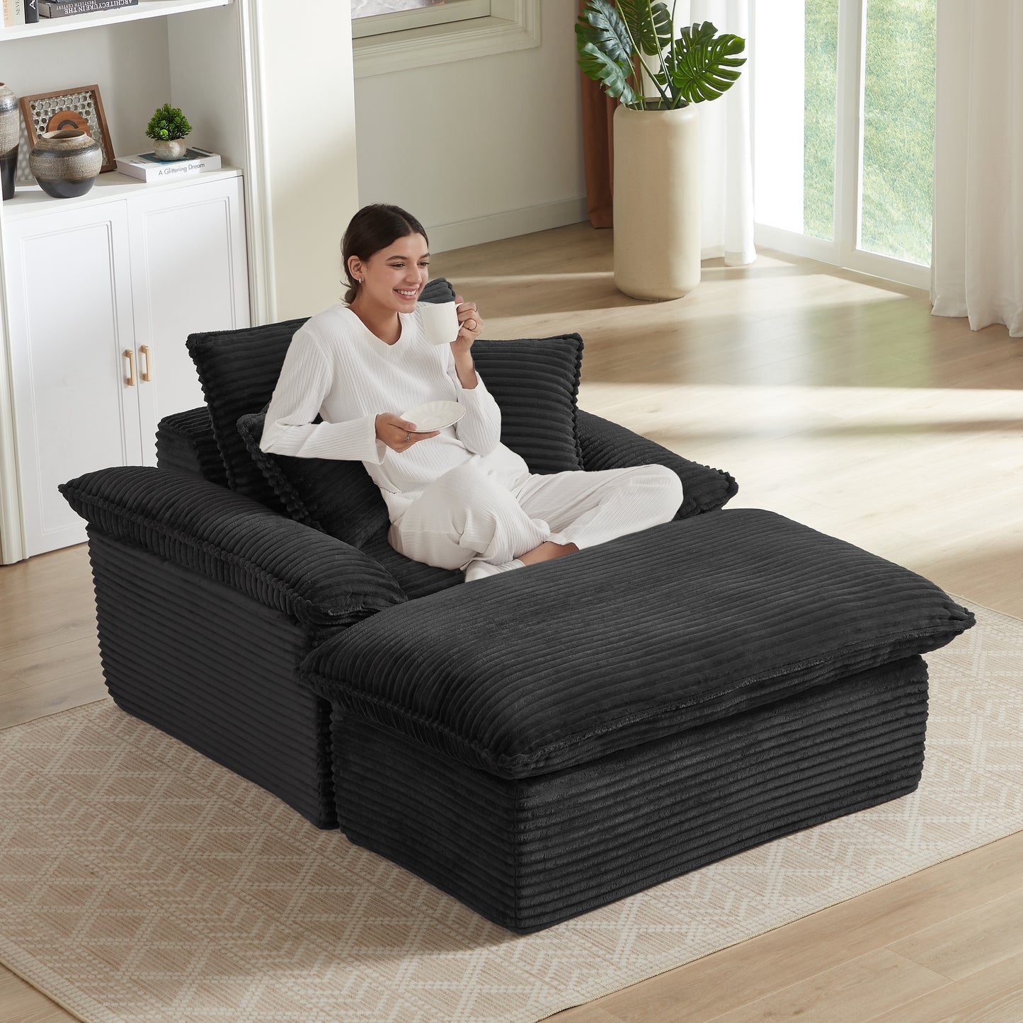 Modern Comfortable Cushioned Single Seat Sofa with Footrest - Black