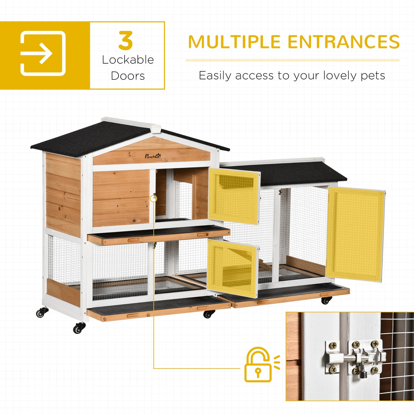 Wooden Rabbit Hutch with Wheels and Run Box, Slide-Out Tray, Ramp, Yellow
