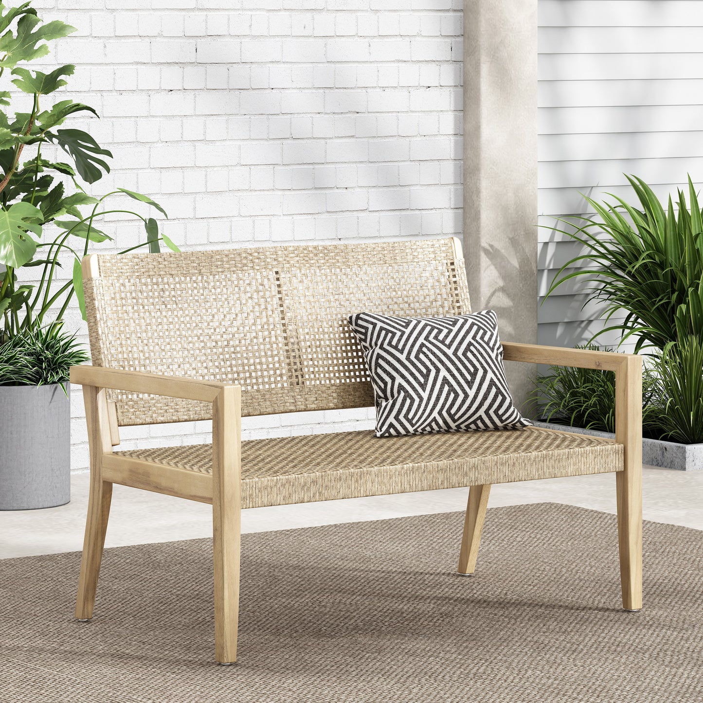Outdoor Wicker And Acacia Wood Loveseat, Light Multibrown Brown, 34 H