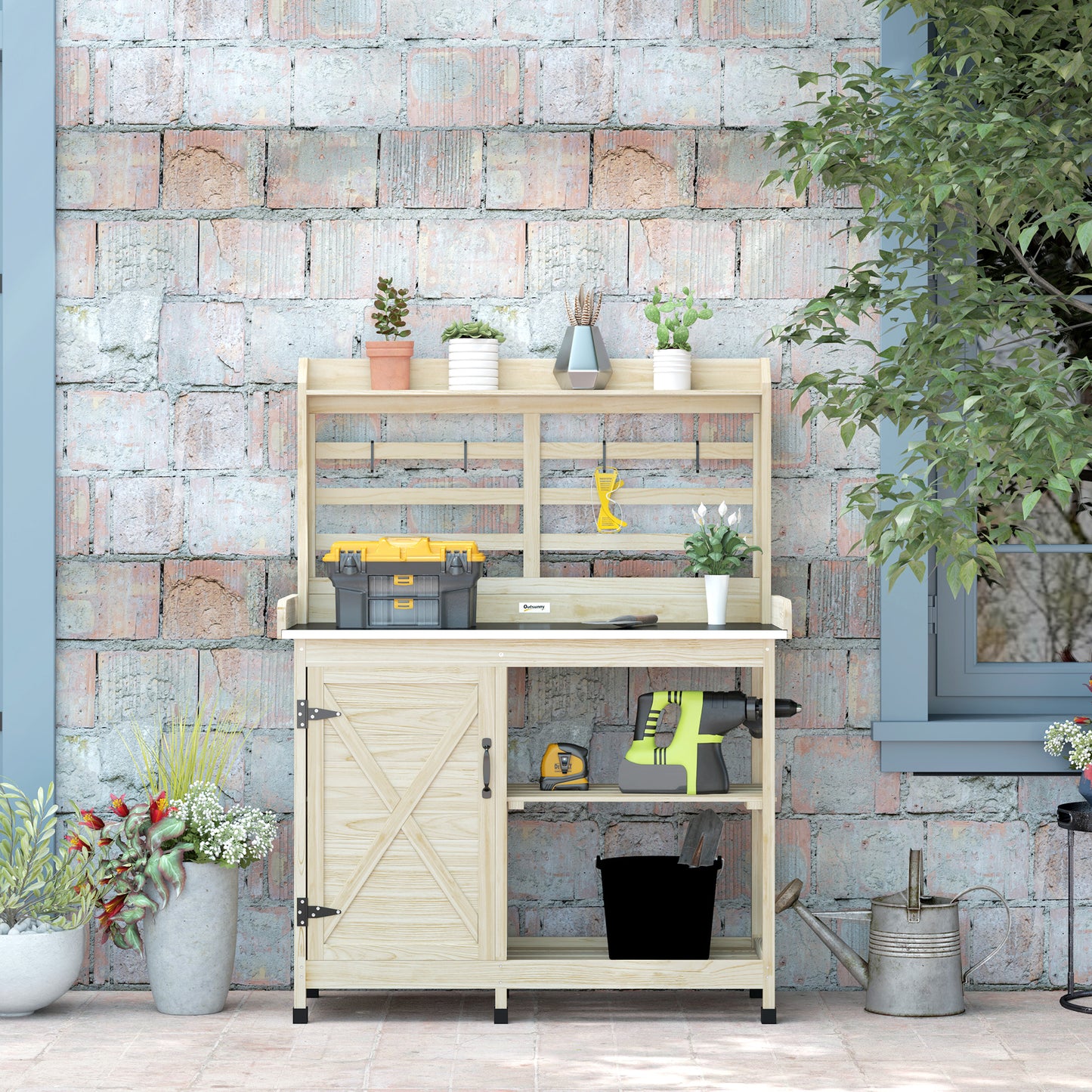 Wooden Potting Bench with Sink & Storage for Garden, Patio, Balcony - Natural Wood