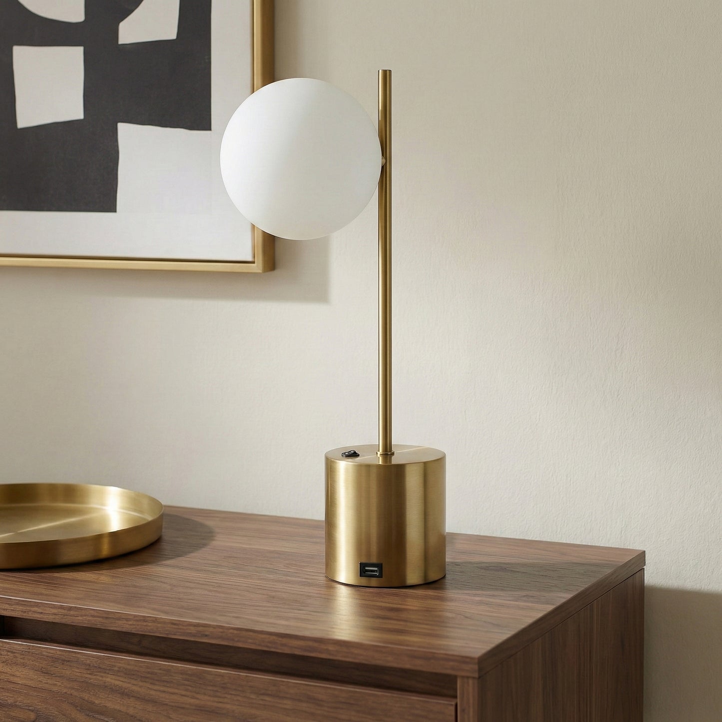 Ethereal Modern Small Brass Metal Table Lamp With White Glass Globe