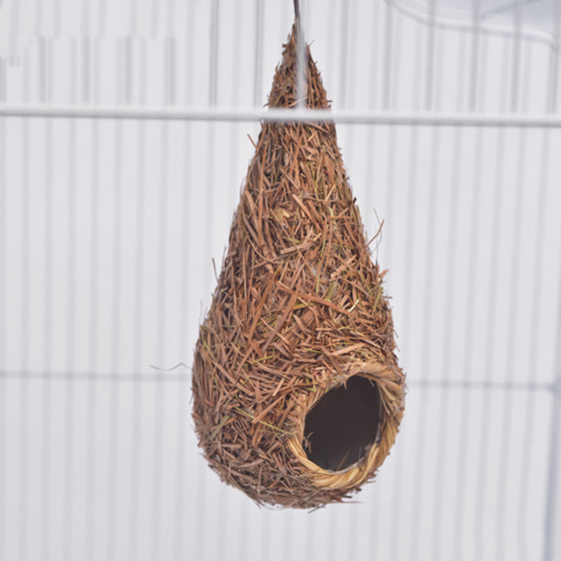 Small Bird Nest for Cage, Handwoven Straw Birdhouse with Metal Hook - Outdoor Bird Supplies
