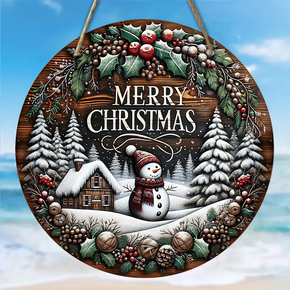 Wooden Christmas Snowman Wall Decor Outdoor Porch Sign Berry Snowman 20x20cm
