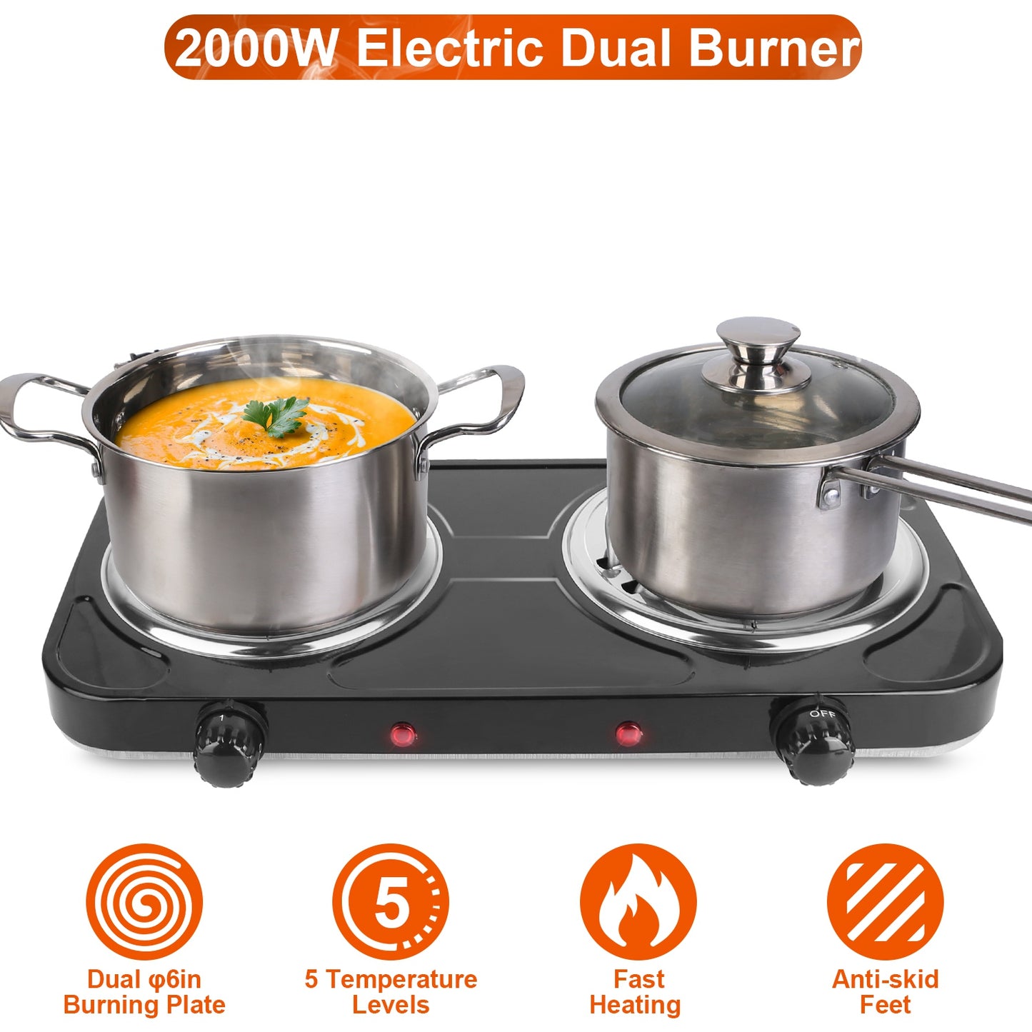 2000W Electric Double Burner Hot Plate - Portable Cooking Stove