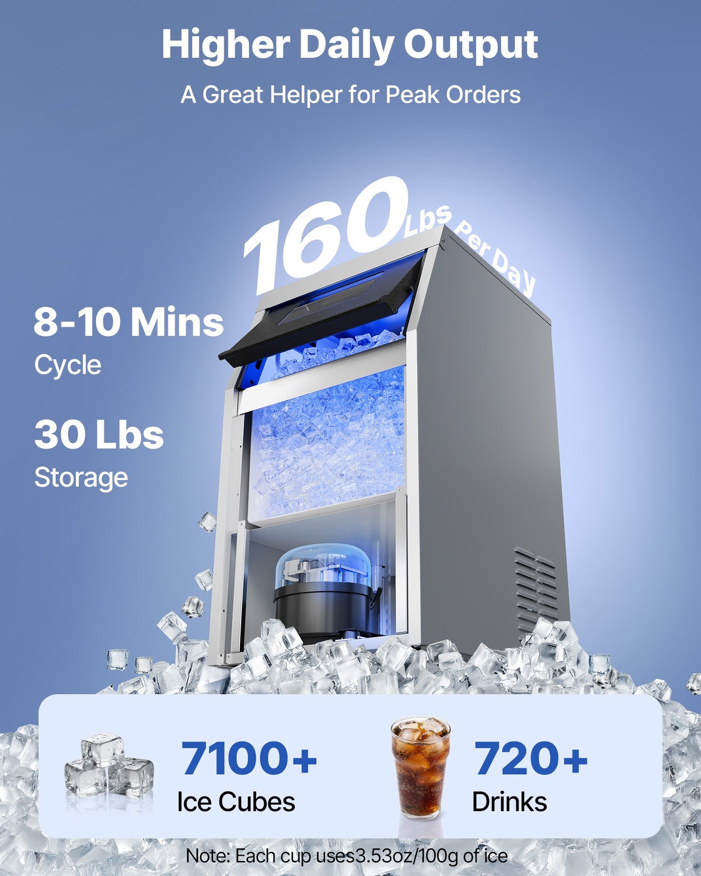 Commercial Ice Maker Machine 160Lbs/24h with 30Lbs Storage, Stainless Steel, LED Display, Self-Cleaning, Black