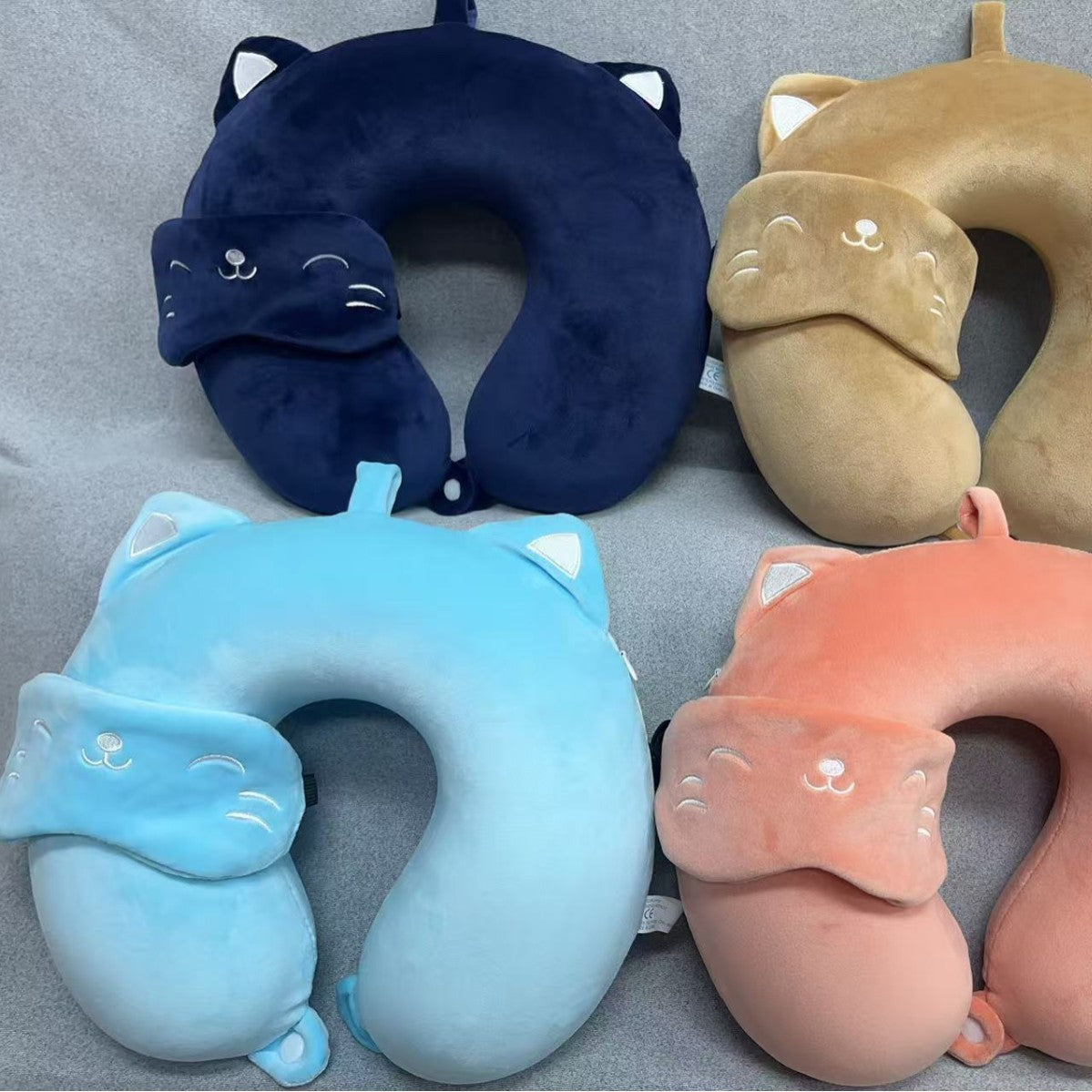 Cute Cat Memory Foam U-Shaped Neck Pillow with Attached Eye Mask - Travel & Nap Support