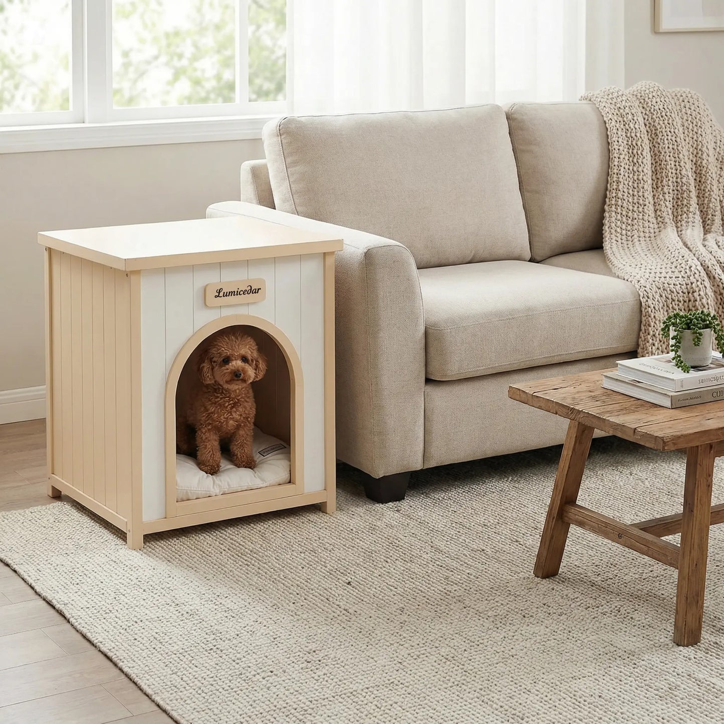 Indoor Wooden Dog House with Removable Cushion - Small Pet Shelter, Scandinavian Design