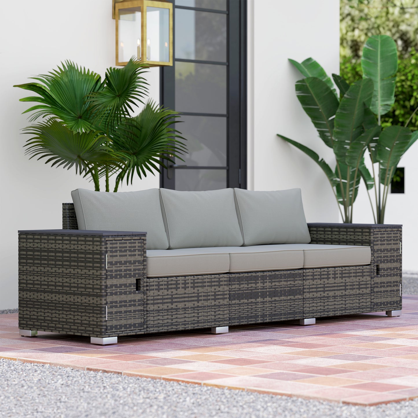 Gray Wicker Outdoor Couch with Storage - 3 Seater Sofa