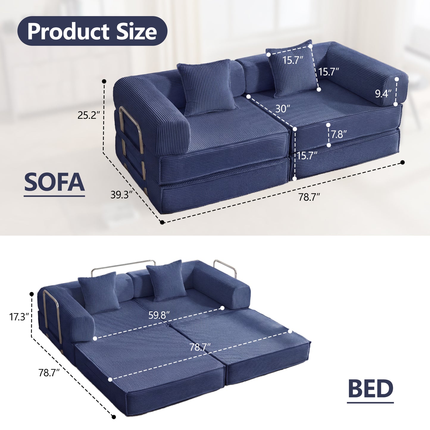 78" Modular Corduroy Convertible Sofa Bed with 2 Pillows - Navy Blue