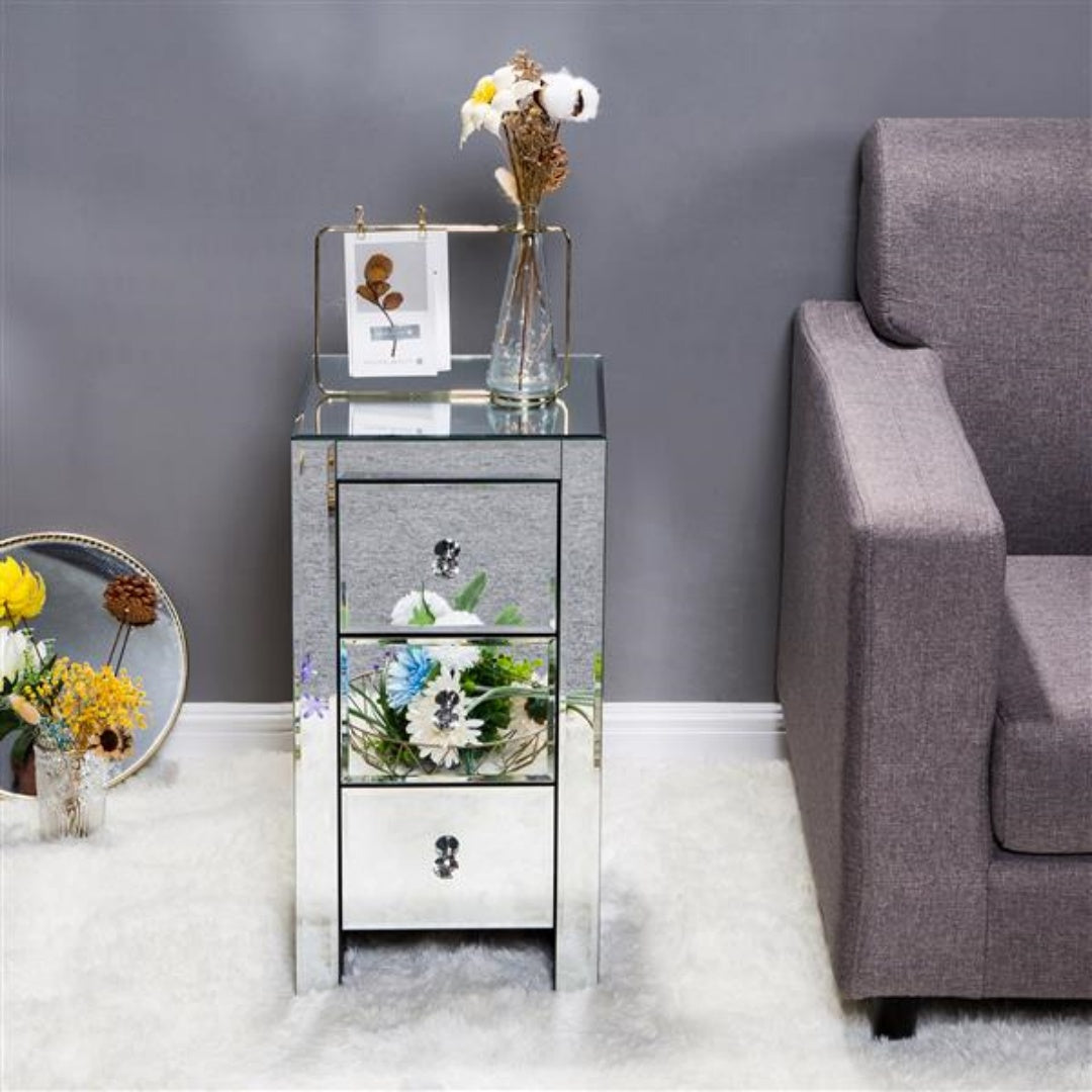 Mirrored Glass Bedside Table with 3 Drawers - Silver