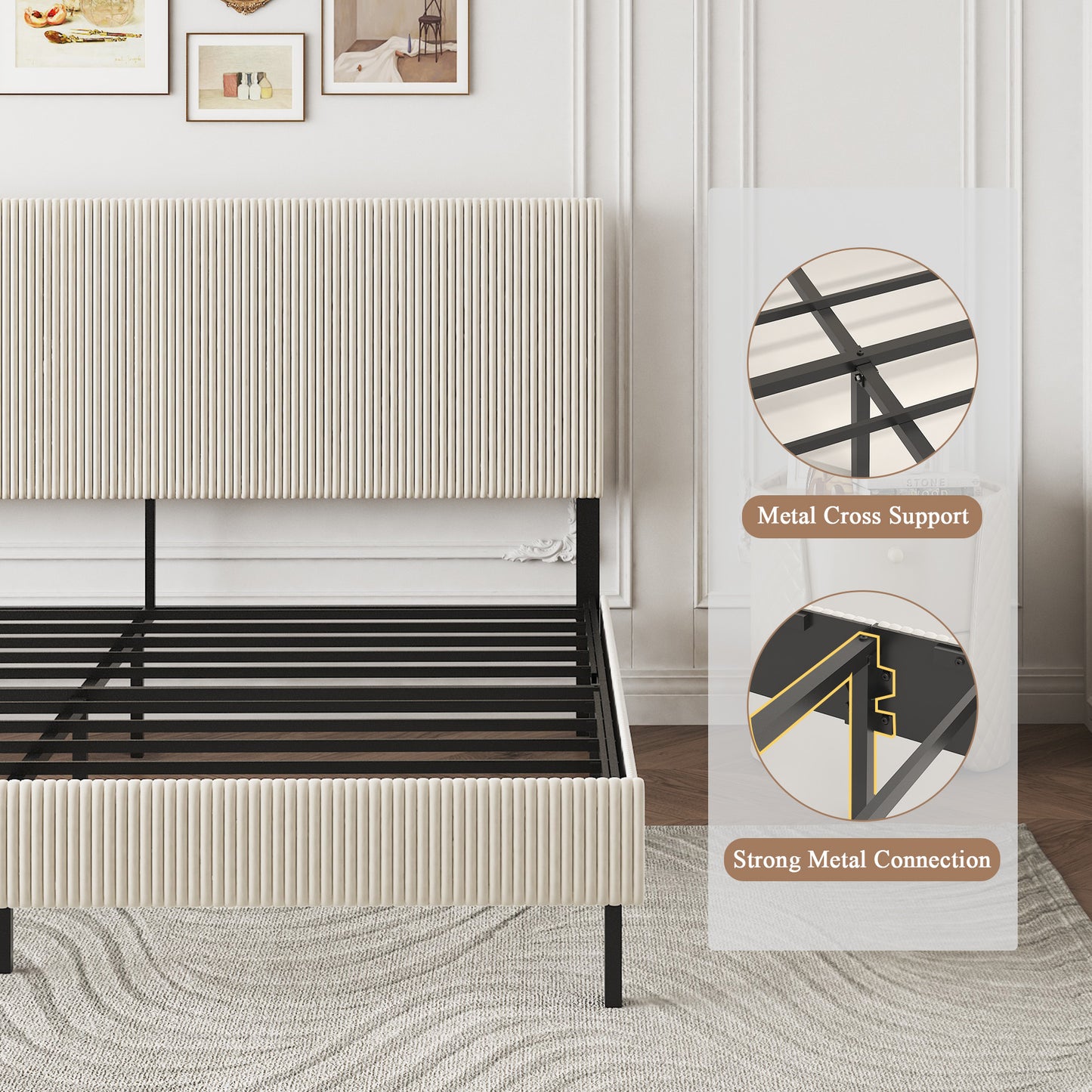 King Platform Bed Frame with Upholstered Headboard - Beige