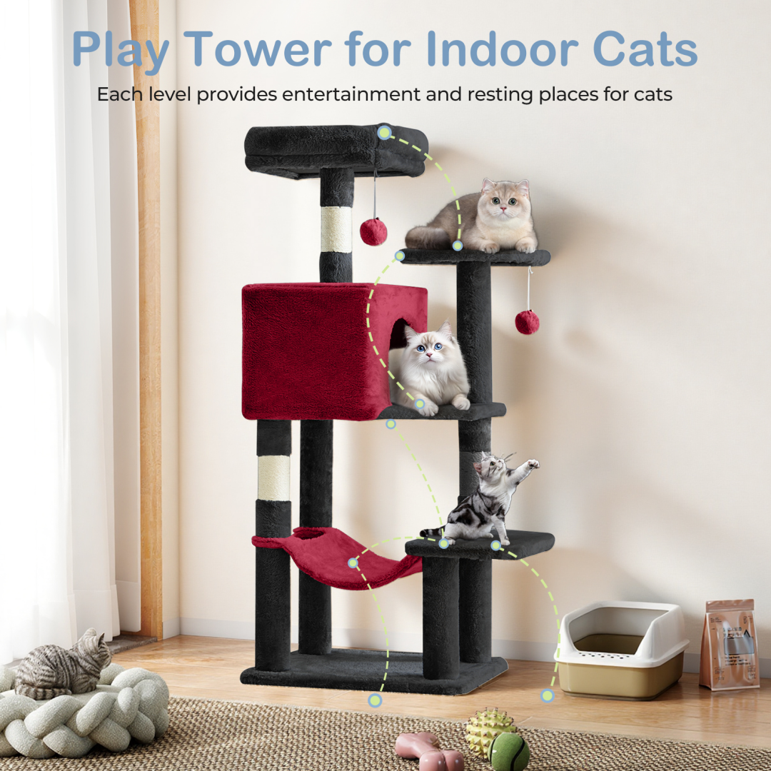 44-Inch Multi-Level Cat Tree Tower with Scratching Posts, Platforms & Hammock