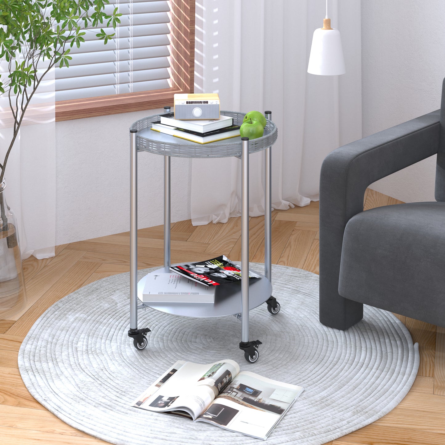 Round Coffee Table with Wheels - 2-Tier Movable Side Table