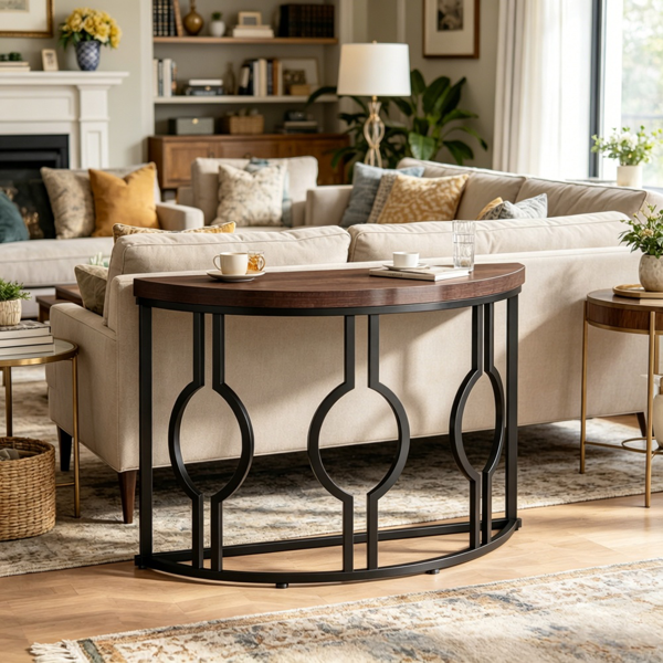 Curved Console Table with Geometric Frame - Retro Design