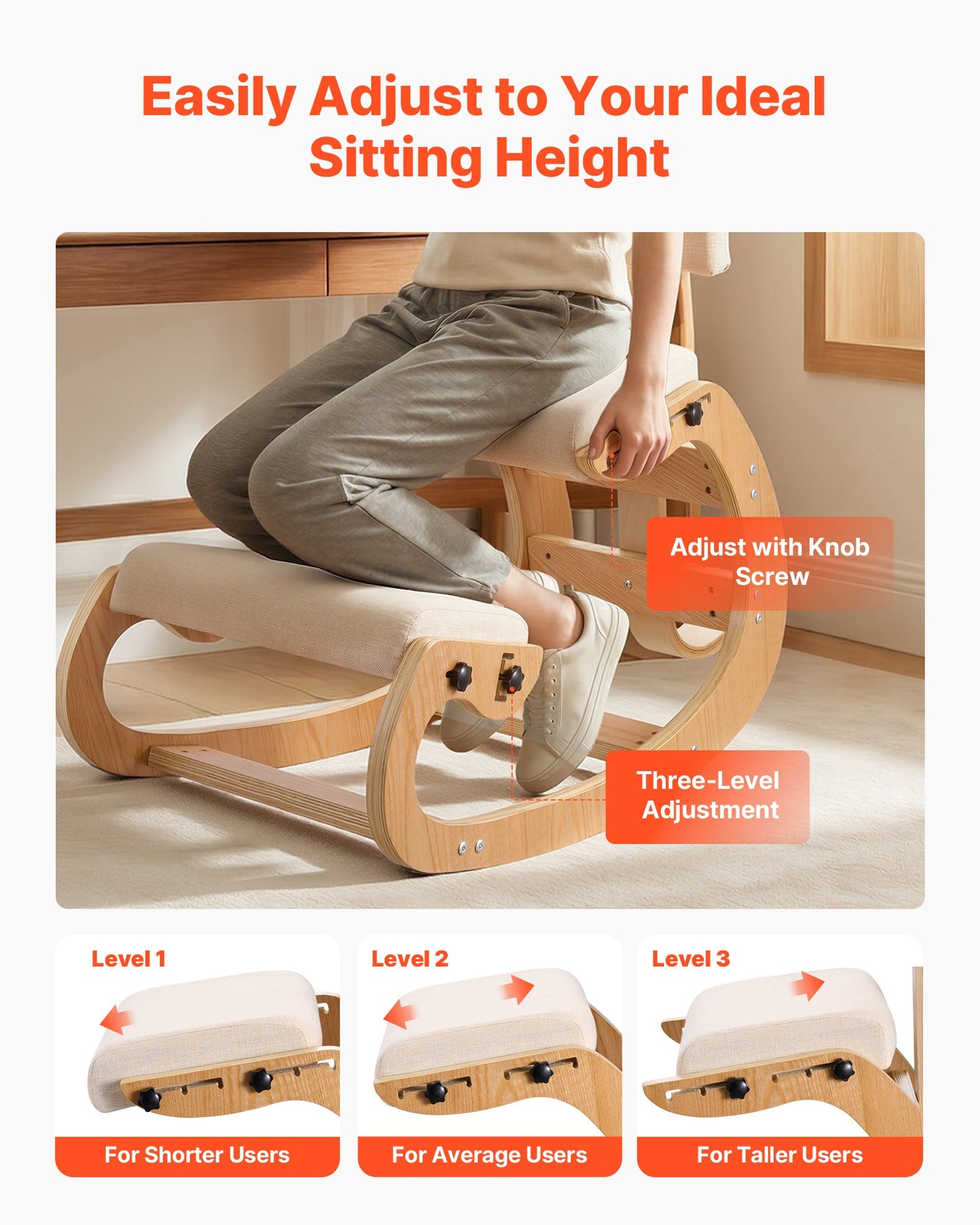 Ergonomic Kneeling Chair with Wooden Frame and Adjustable Cushions for Back Relief