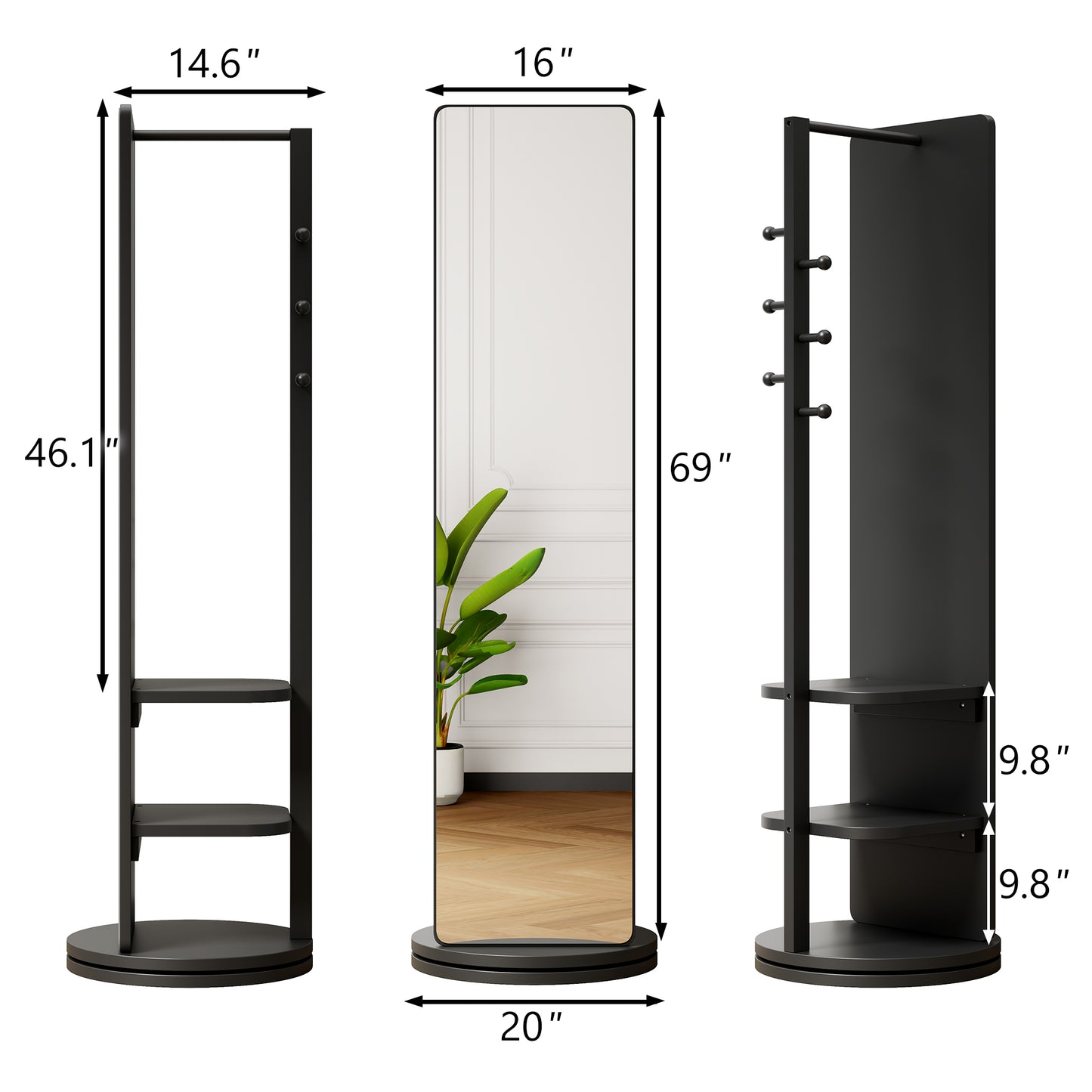 360 Rotating 69x20in Multifunctional Full Length Mirror With Hook