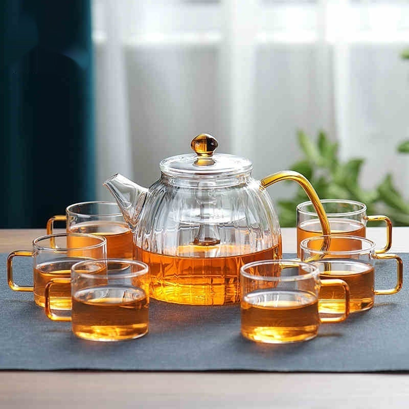 Heat-Resistant Glass Teapot Set with 6 Cups 1000ML - Household Tea Brewing
