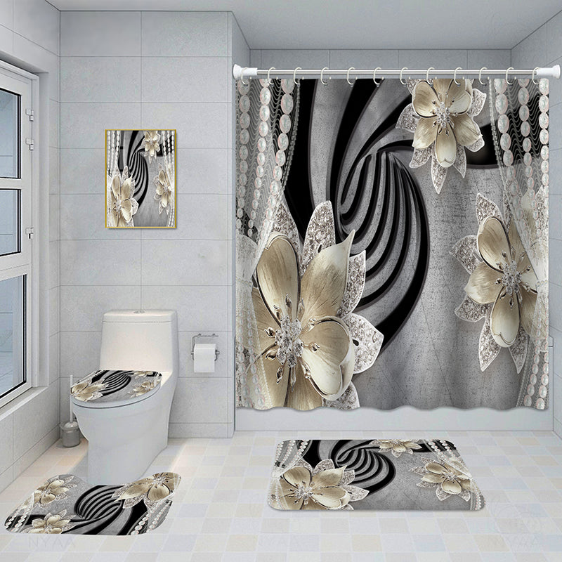 Bathroom 5-Piece Shower Curtain Set with Mat and Decorative Aluminum Frame