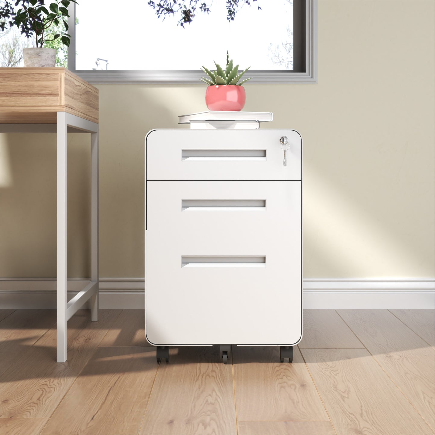 3-Drawer Wide Mobile File Cabinet With Lock, All-Steel Metal Storage