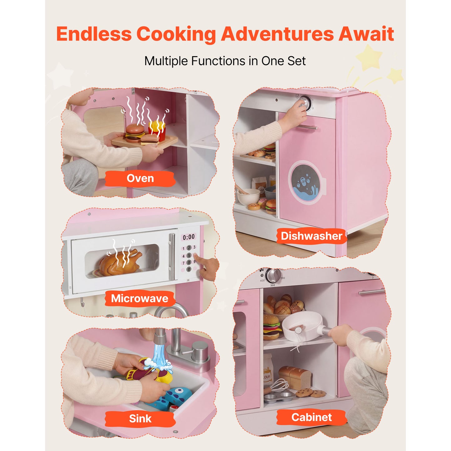 Kids Wooden Play Kitchen Set with Lights & Sounds - Pretend Cooking Toy for Ages 3-8 (Pink)