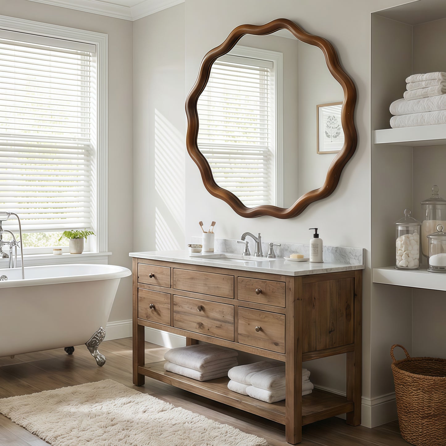 30-Inch Wavy Round Solid Wood Frame Decorative Mirror - Black & Dark Walnut