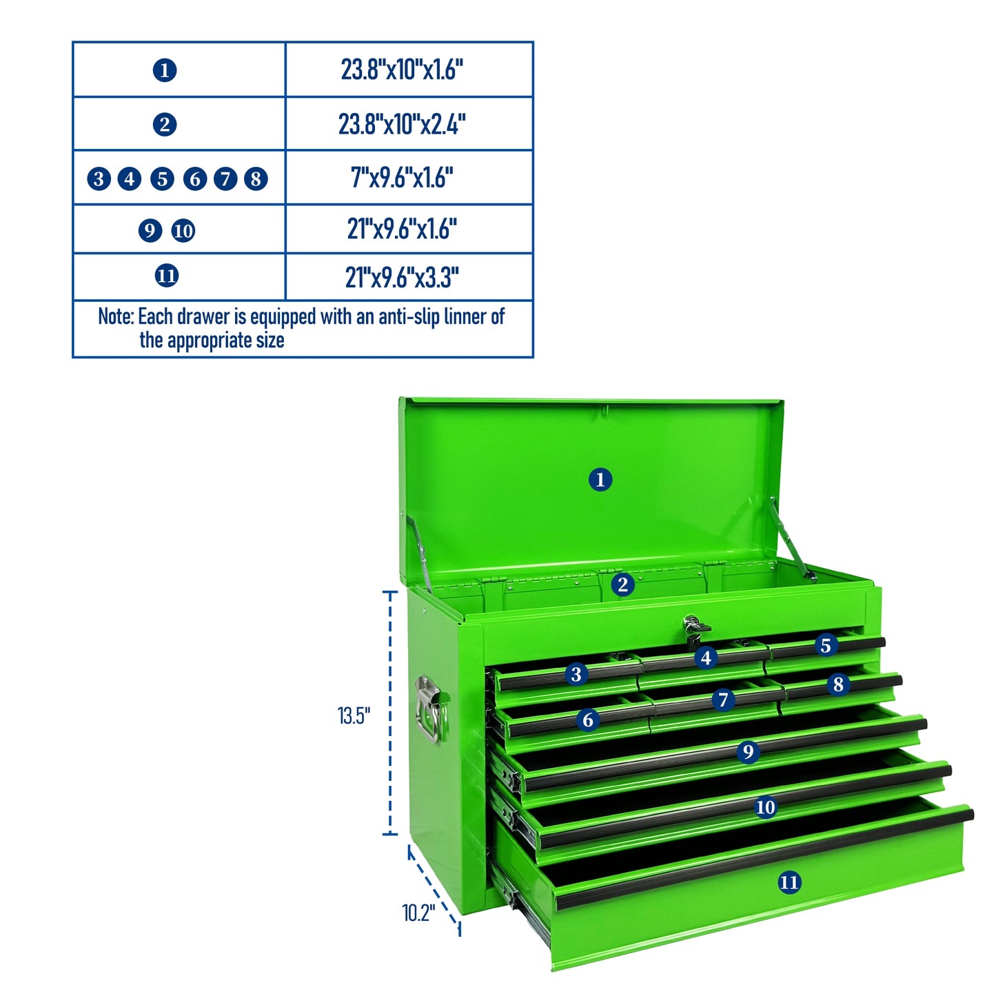 Heavy Duty Metal Tool Box 24 Inch with 9 Drawers - Portable Steel Organizer in Green
