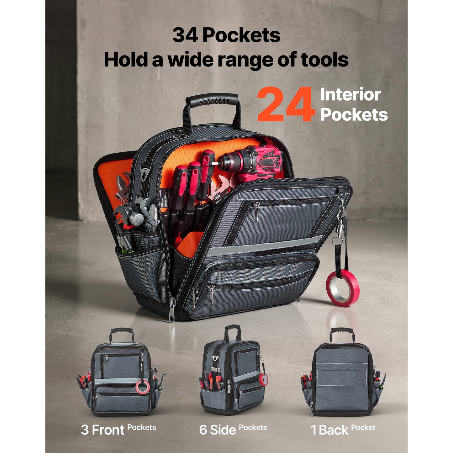 Large 13.2 Inch Tool Bag with 34 Pockets, Hard Plastic Base, Zipper & Adjustable Shoulder Strap