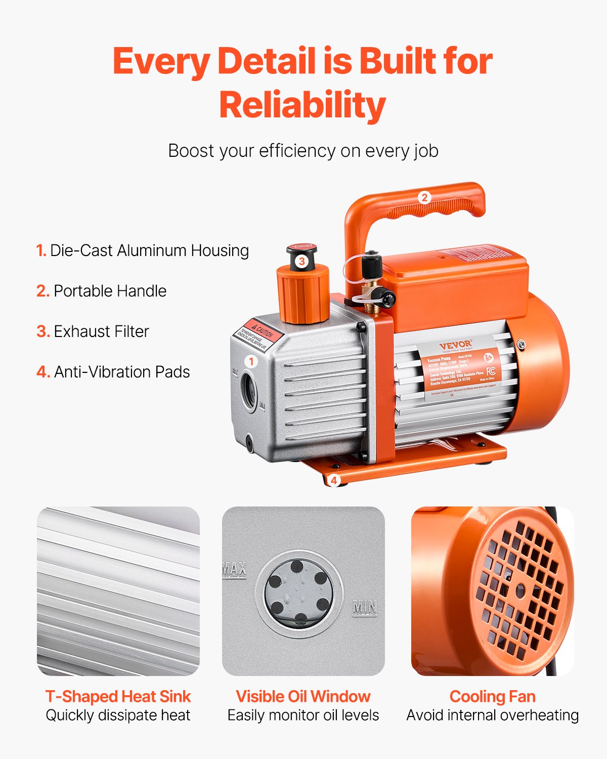 HVAC Vacuum Pump 5 CFM Single Stage Rotary Vane Oil Included Orange