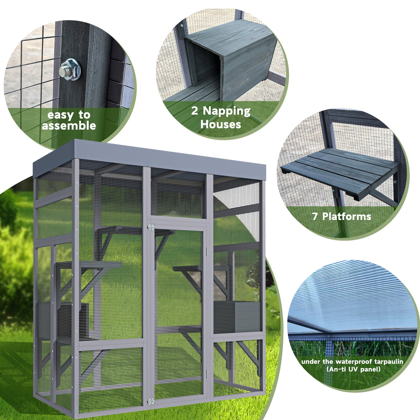 62.6-Inch Wooden Cat Enclosure with Water-Resistant Cover and Multiple Platforms