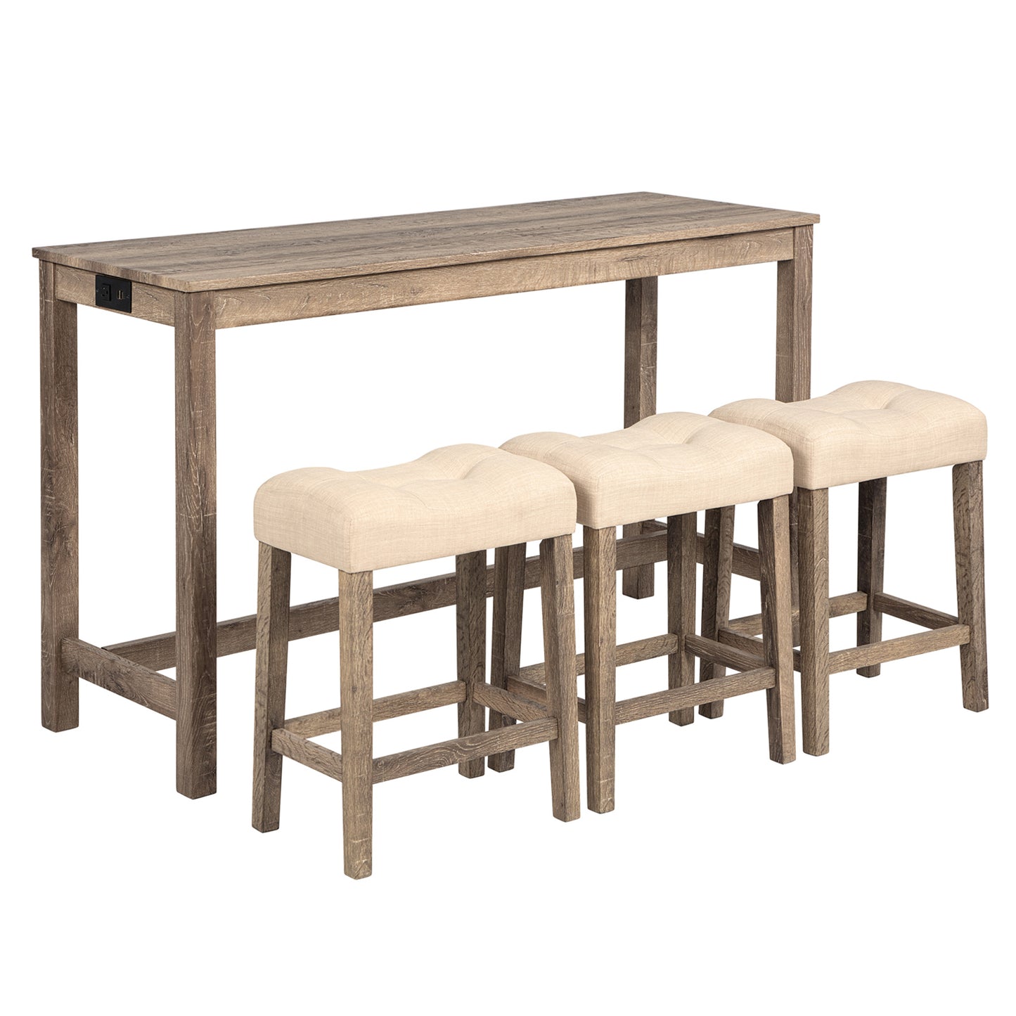 4-Piece Bar Table Set with Power Outlet and 3 Stools - Brown