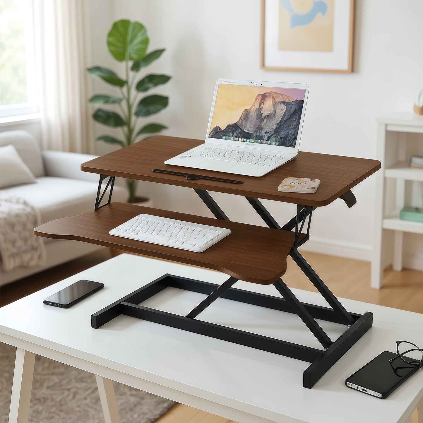 Height Adjustable 32-Inch Desk Converter Riser for Dual Monitors - Walnut