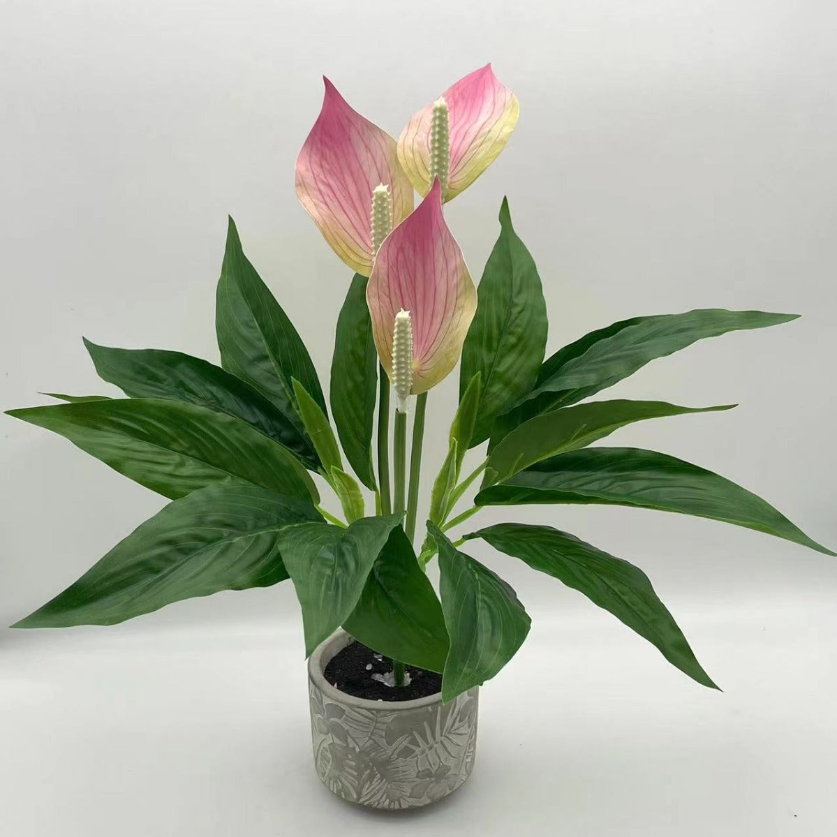 Artificial Green Plant Potted Flowers with Black Basin - Realistic Faux Flora