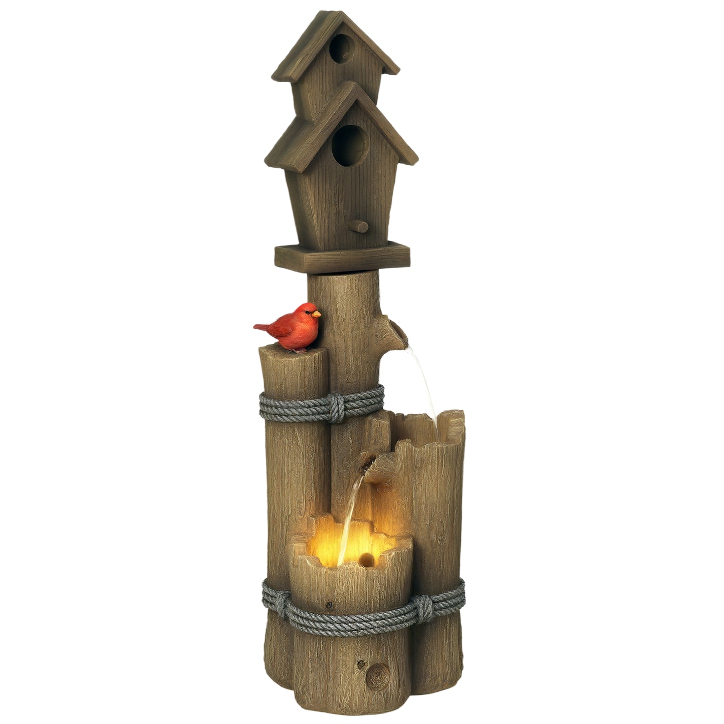 Outdoor Garden Fountain with Birdhouse and LED Lights - Rustic Tree Trunk Design