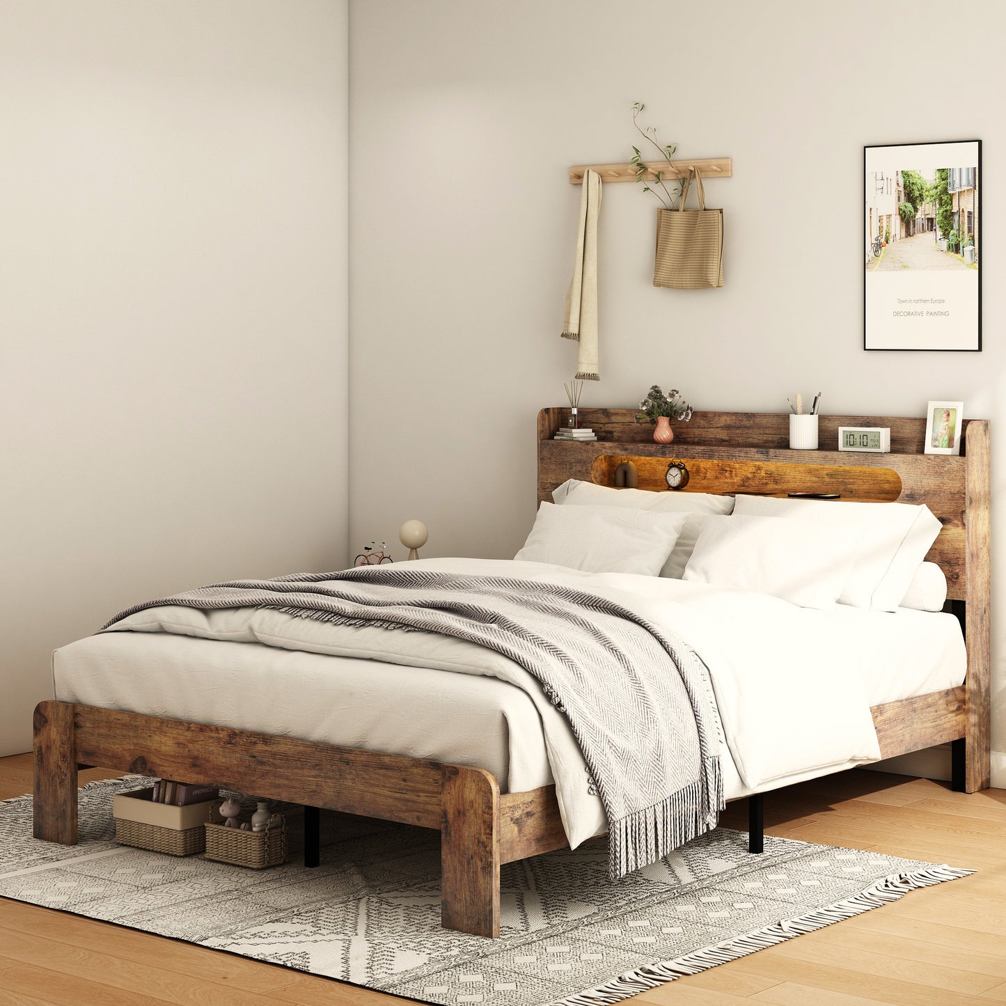 King Platform Bed Frame with LED Headboard, USB Ports, Dark Brown