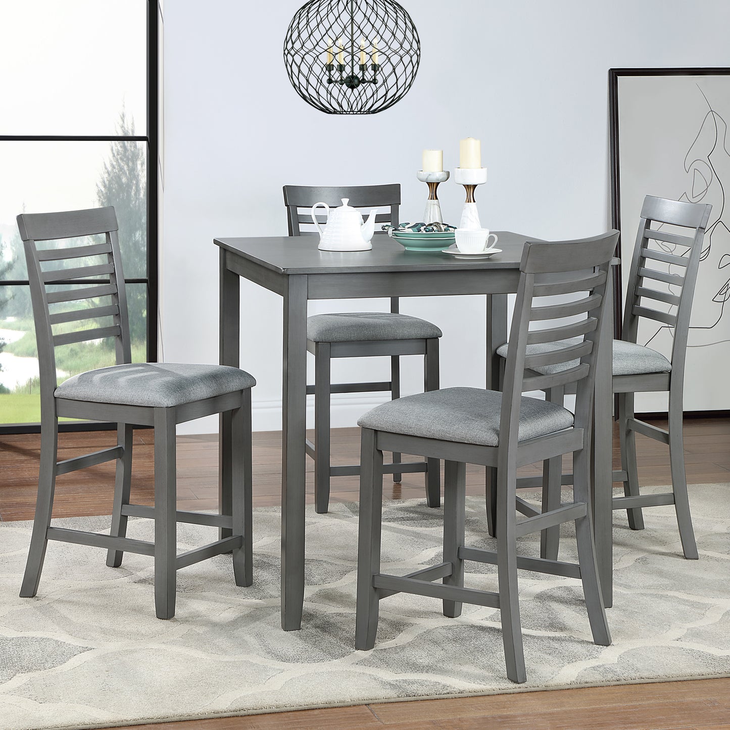 5-Piece Counter Height Dining Table Set with 4 Chairs - Gray