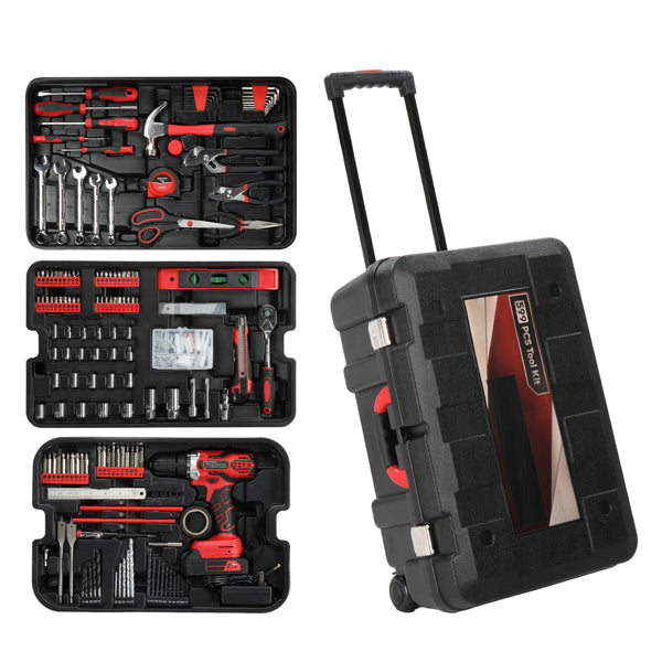 599-Piece Power Tool Set with 21V Cordless Drill and Rolling Toolbox