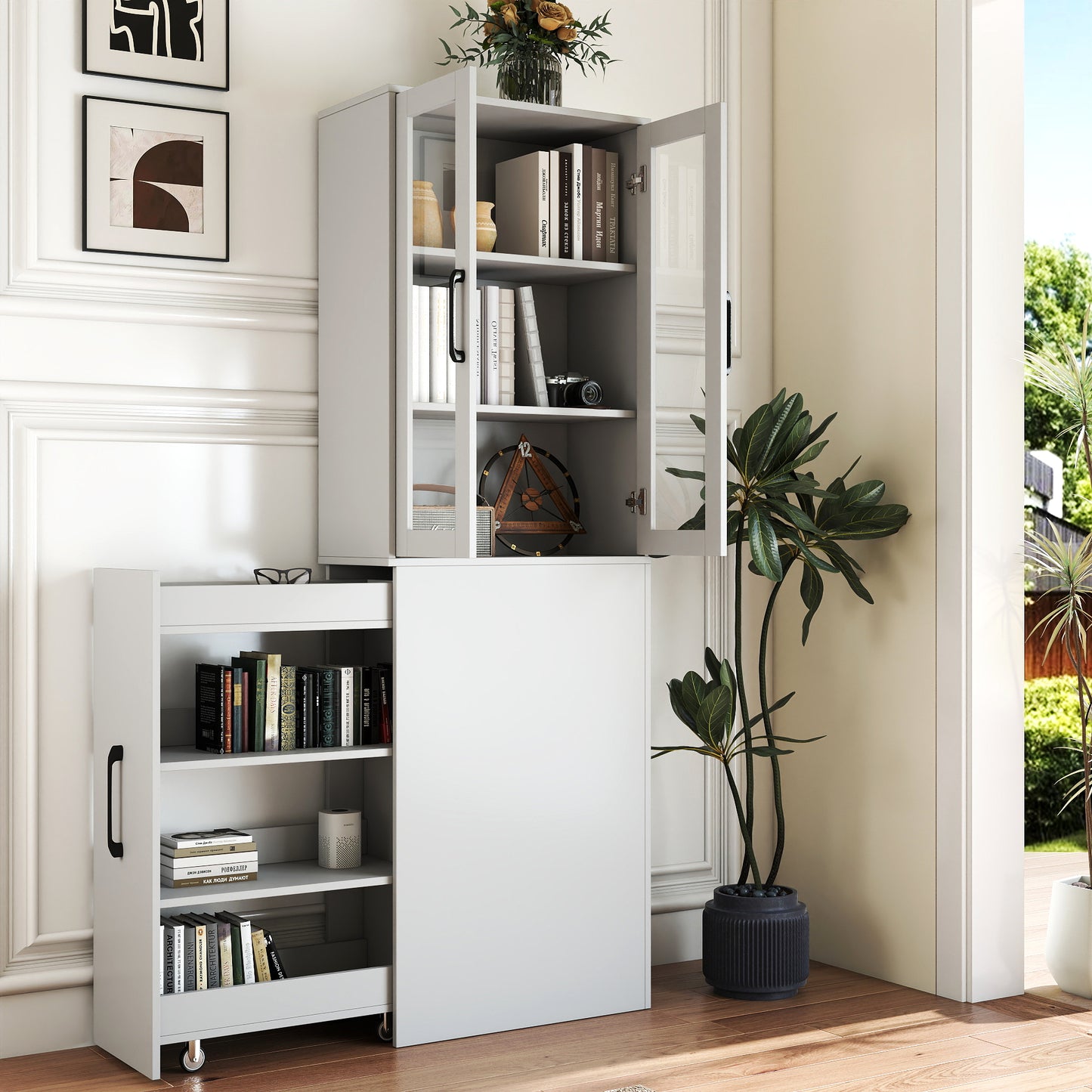 Modern 70.87" H White Display Storage Cabinet with Glass Doors