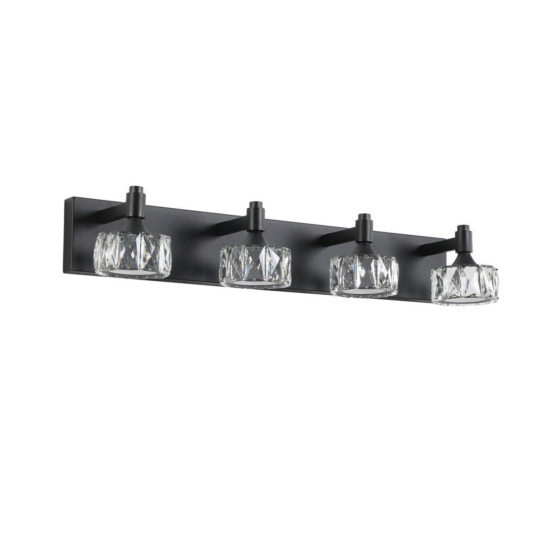 4-Light Matte Black LED Vanity Light Fixture with Crystal Shades