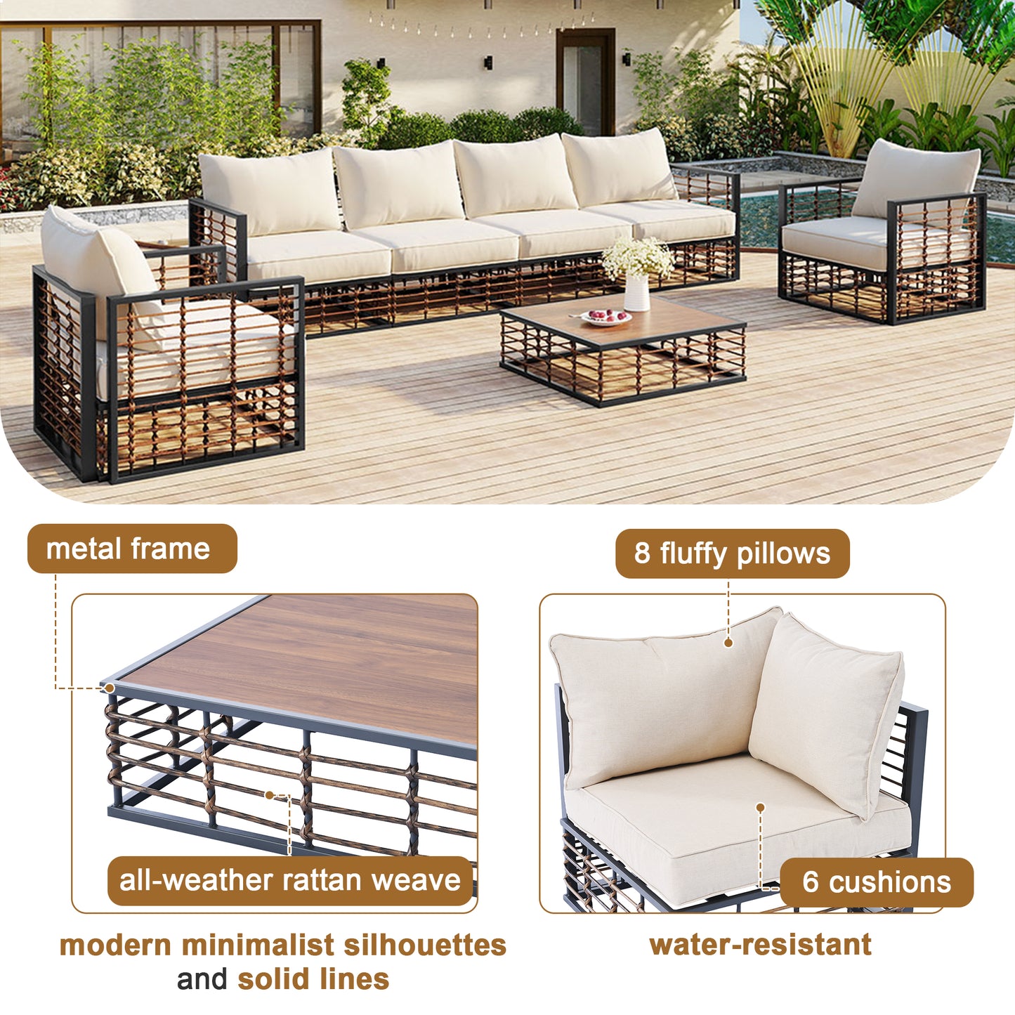 Modern Minimalist 7-Piece Metal Patio Sectional Sofa Set - Dark Grey