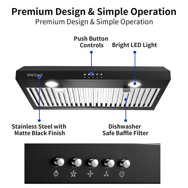 30 Inch Under Cabinet Range Hood with 3-Speed 600CFM Vent and LED Lighting - Silver/Black