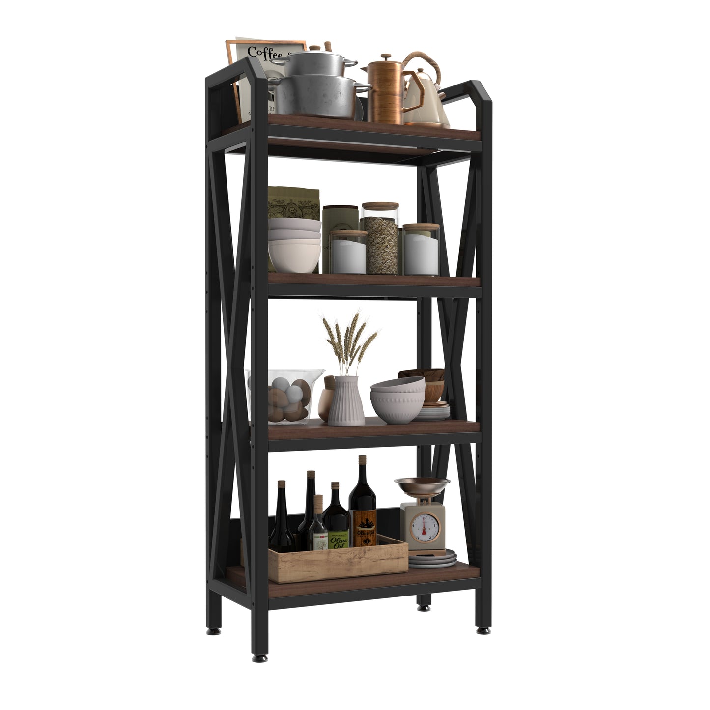 Black 56.3-Inch Metal & Wood Kitchen Storage Rack with 4 Adjustable Shelves