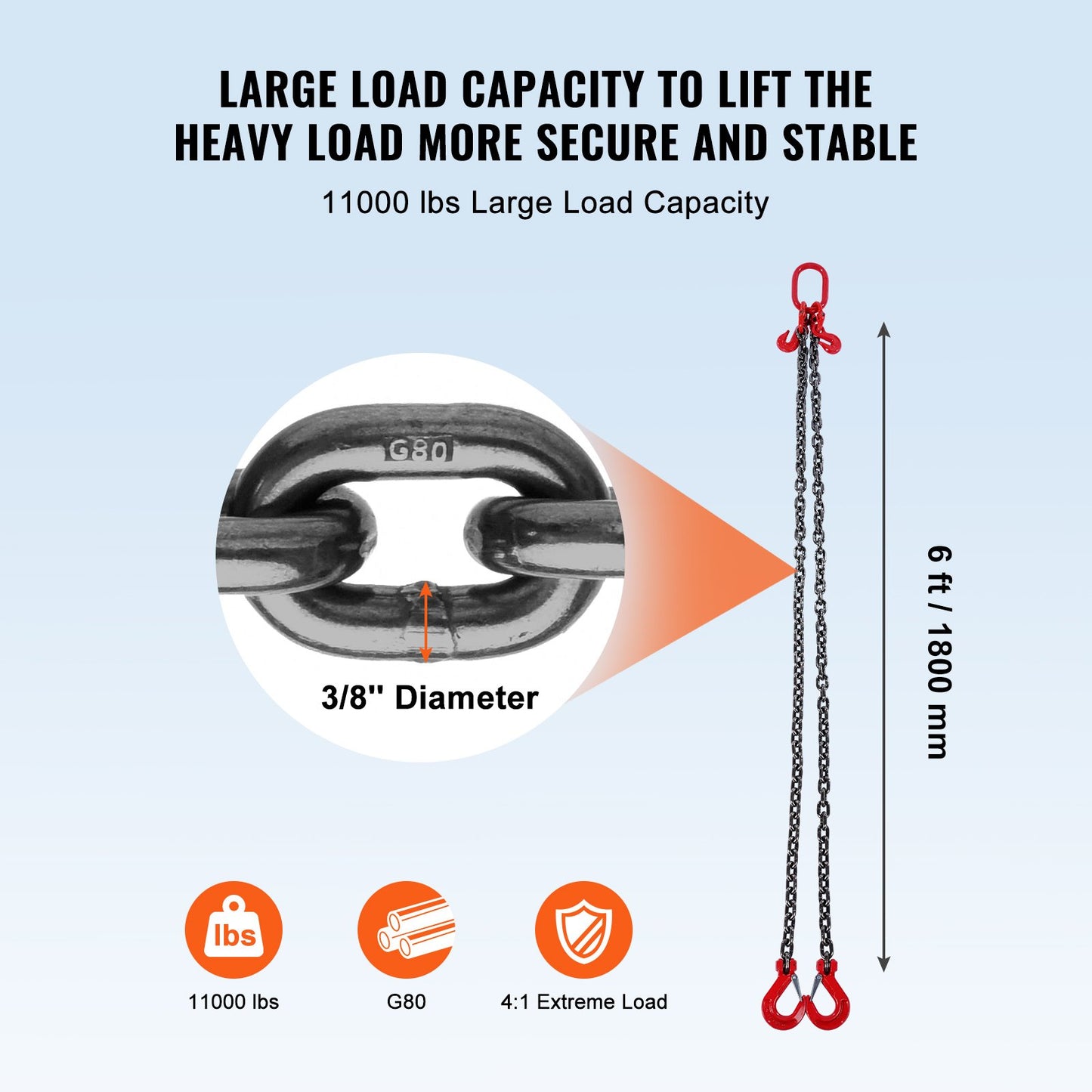 Heavy Duty G80 Lifting Chain Sling 6ft 2-Leg Load Capacity 11,000 lbs - Multicolor