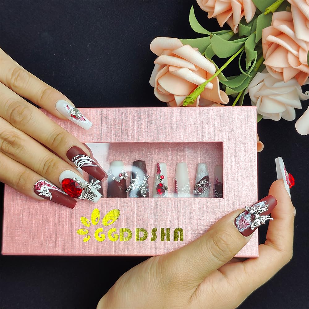 Shiny Crystal Long Press-On Nails - Suede Scarlet - Size M