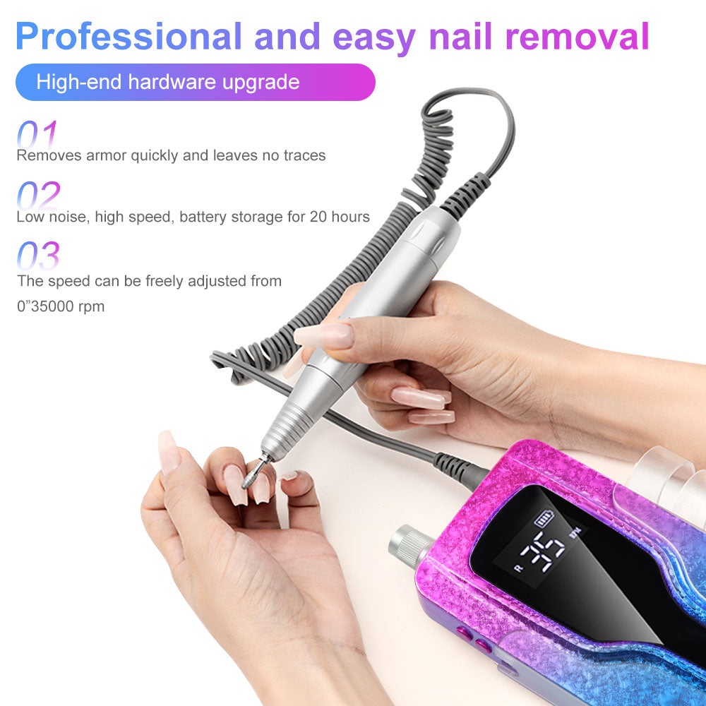 Professional Cordless Electric Nail Drill - 45000 RPM Rechargeable E-File - Purple